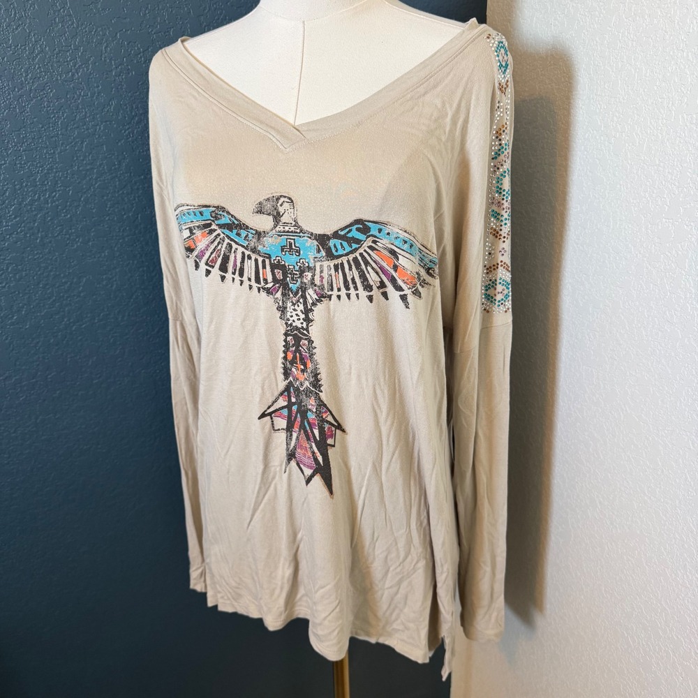 Western Boho Rhinestone Rock 47 by Wrangler Long Sleeve Tee Medium Tan‎ - Picture 5 of 5